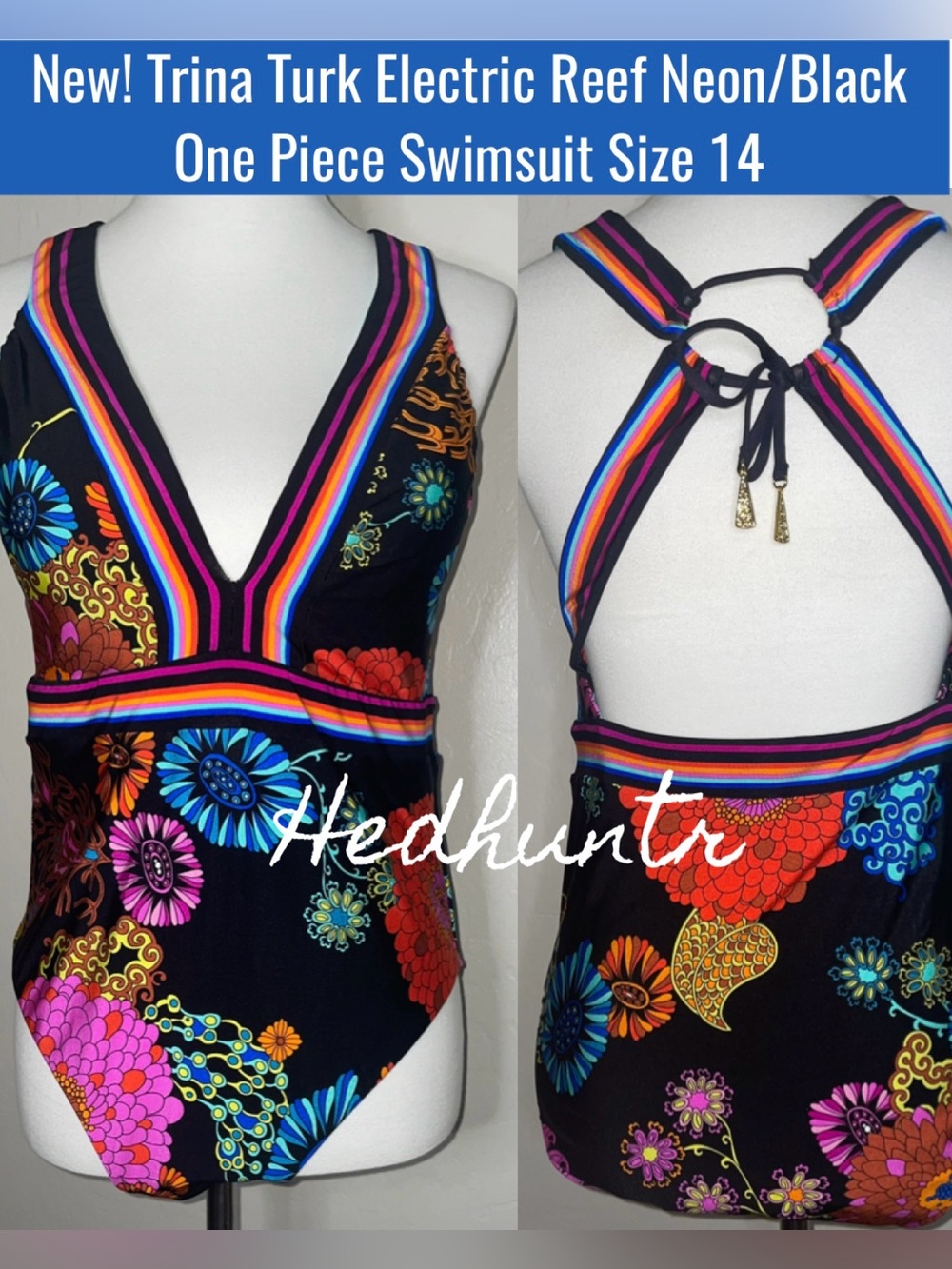 New! Trina Turk Electric Reef Neon/Black One Piece Swimsuit Size 14🌺
